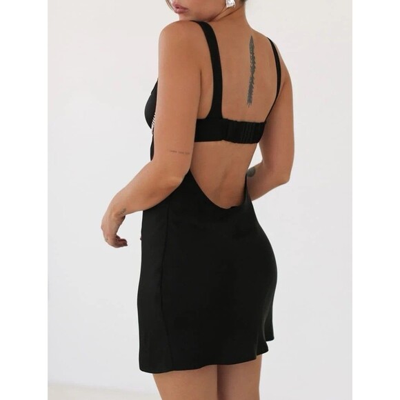 NEW Rumored Y2K Babydoll Little Black Mini Slip Dress S Rhinestones Satin Prom - Picture 6 of 10